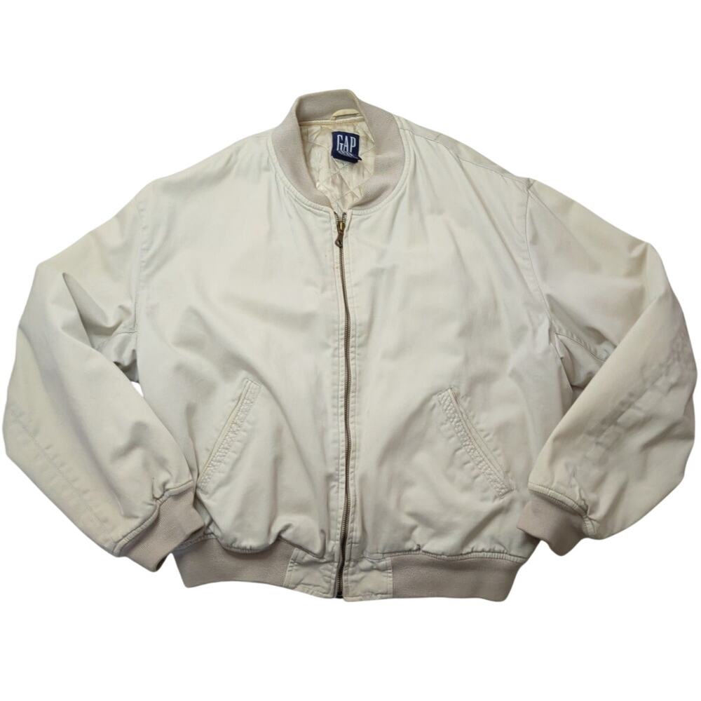 VTG GAP bomber jacket Mens L Beige Cotton Blend Full Zip Ribbed Collar Cuffs Hem